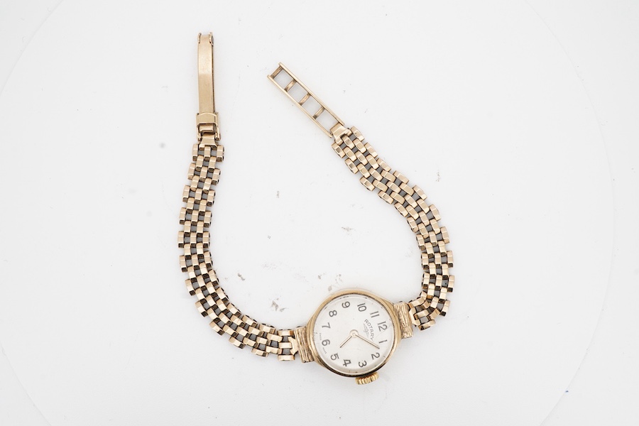 A lady's 1970's 9ct gold Rotary manual wind wrist watch, with Arabic dial, on a 9ct gold bracelet, case diameter 19mm, overall length 18cm, gross weight 15.4 grams.